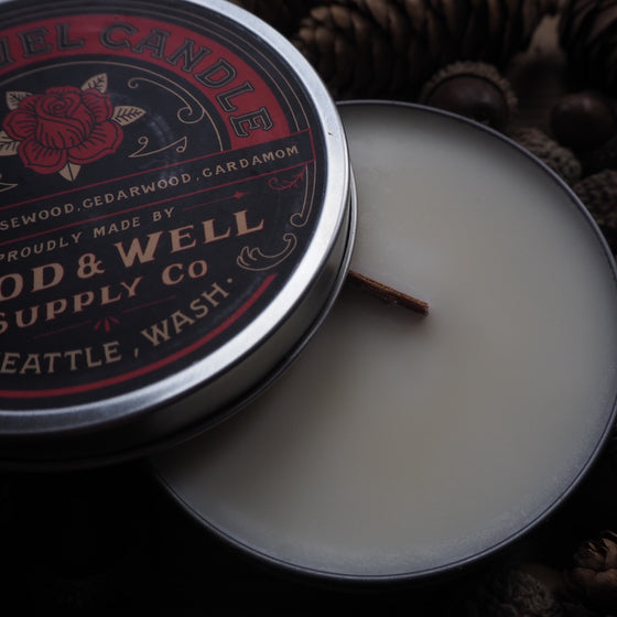 Bloom Rosewood, Cedarwood, Cardamon Tin Travel Candle by Good & Well Supply Co. Fulfilled by Hord.