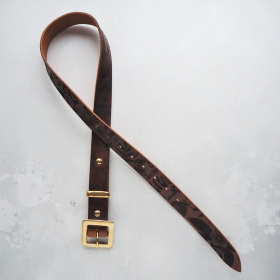 Botanical Leather belt, combining the delicate with the rugged. Tan Leather with Solid Brass, by Hord