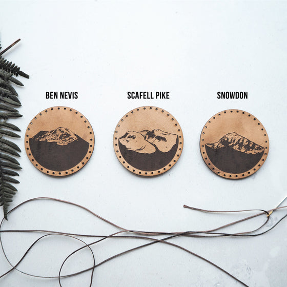 This hiker patches are engraved with the three Yorkshire Peaks, Ben Nevis, Scafell Pike, and Snowdon.