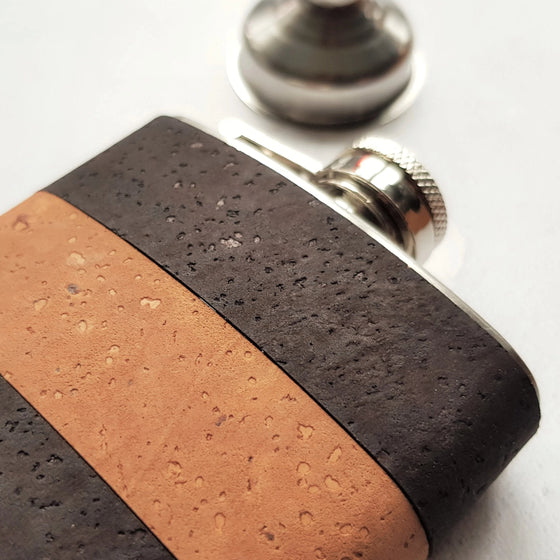 Closer look at the cork material on the custom alcohol flask from Hord.