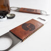 This personalised bottle opener has a leather slip case that has been hand dyed in medium brown and hand stitched in waxed linen thread.