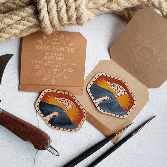 Custom Mountain Conqueror Leather Patch by Hord - For the avid hiker and climber, this patch is hand painted and made from veg tan hide. The patch will gain a lovely patina over time furthering its vintage look! The Hiking Patch from Hord.