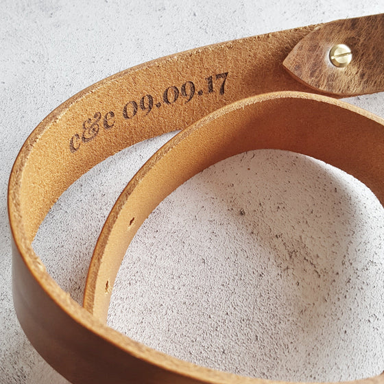 This Leather Belt with Secret Message has been engraved with initials and date.