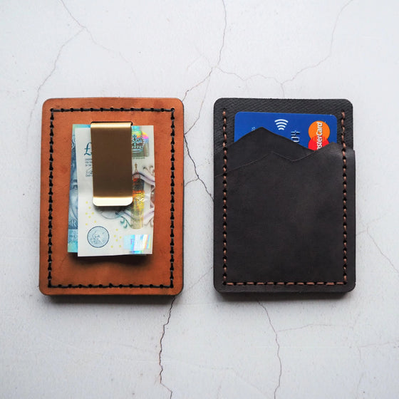 Front and back of the Mountain Card Holder with Money Clip, a personalised leather card holder.