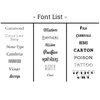Choices of font available for personalisation of the Personalised Leather Guitar Strap.