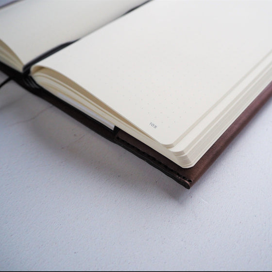 The Personalised Leather Notebook Cover A5 bound onto a leuchtturm1917 journal.