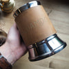 This custom beer tankard is crafted from luxurious leather that's bound onto a steel tankard.