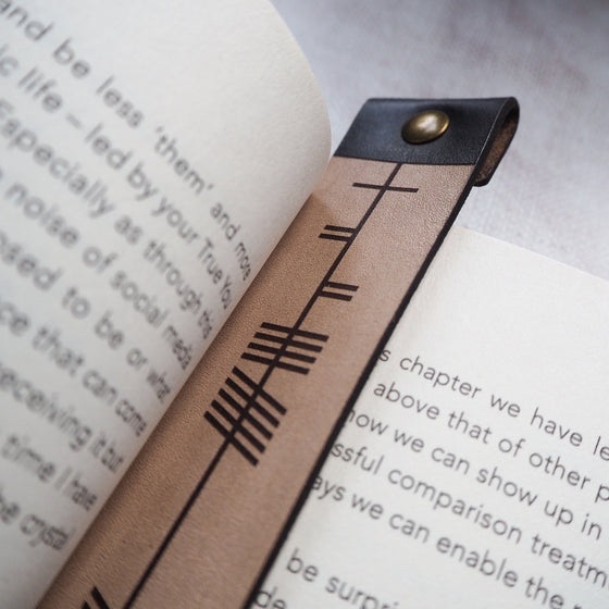 The personalised bookmark being used on a book. 