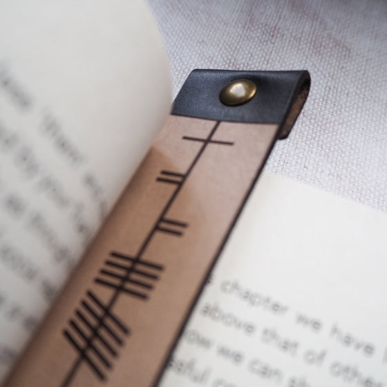 Personalised Leather Bookmark in Ogham by Hôrd.