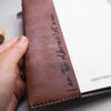 Personalisation example of inner sleeve of the leather journal cover with a custom text.