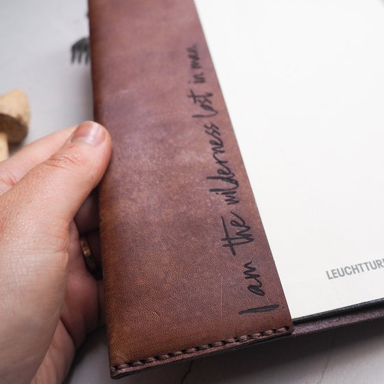 Personalised Text on The Bear & Butterfly engraved leather notebook by Hôrd.