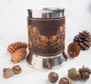 The Acorn Leather Wrapped Tankard has been engraved with our signature Oak Nut leaves and fruit design.