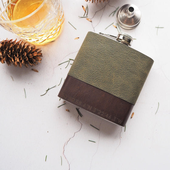 The Coordinates Leather Flask is engraved with the coordinates of your favourite place.