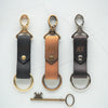 The Halda Leather Key Fob in three different leather colours and hardware material. 