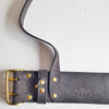 The buckle of the leather chest harness by Hord.