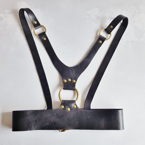 Full view of the leather chest harness by Hord.