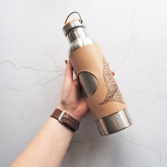 A person holding on the double insulated water bottle.