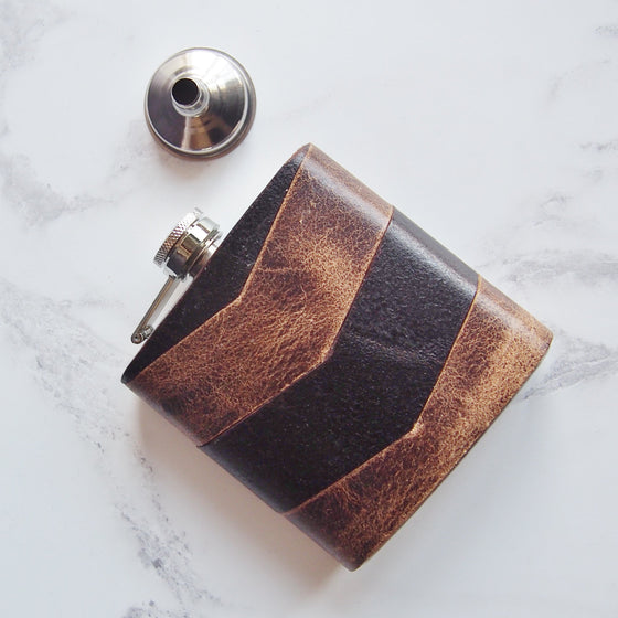The Oak Chevron Leather Hip Flask, a personalized hip flask from Hord.