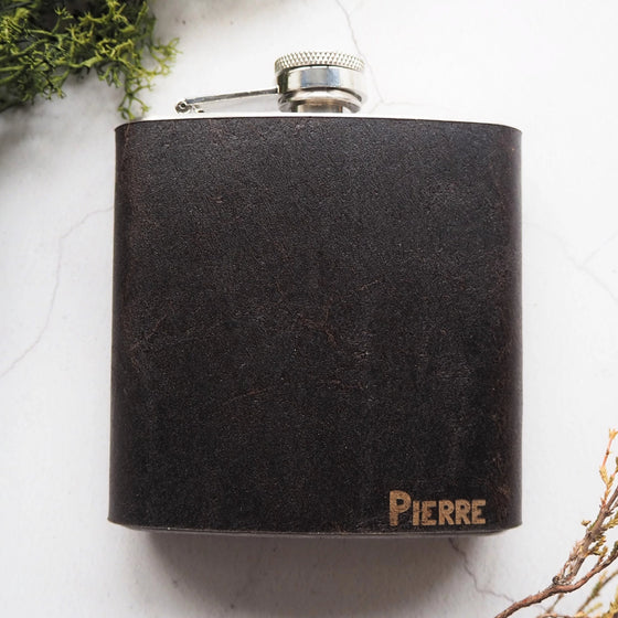 The Peat Leather Flask, a monogrammed hip flask from Hord.