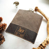 This monogram hip flask has been personalised with an initial and custom text and date in the bottom of the hip flask in a square box.