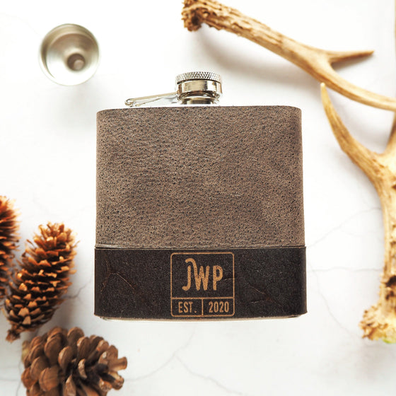 The Square Monogram Flask, a monogram hip flask from Hord.