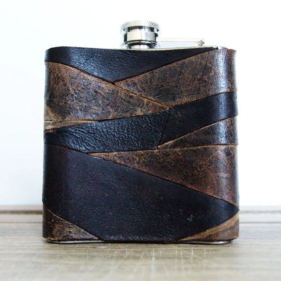 Posterior view of the leather whiskey flask.