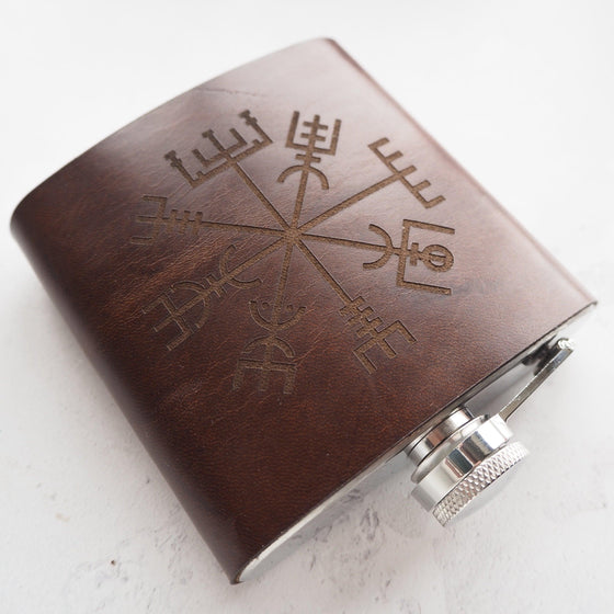 The Vegvísir Leather Flask is handcrafted with European leather.