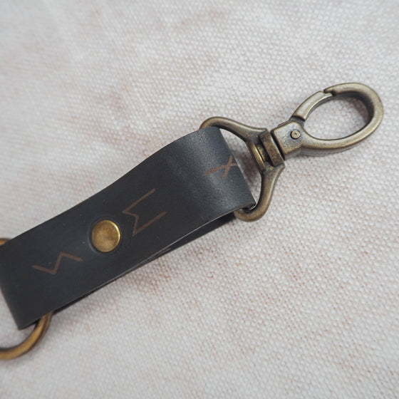 Antique brass hardware used on a Viking Rune Key Fob.