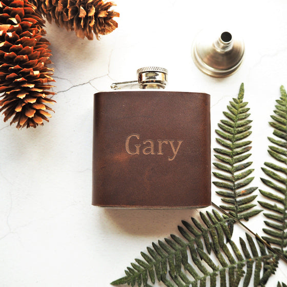 The Waxed Brown Leather Flask, a brown leather hip flask from Hord.