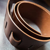 Close-up on the thick full grain leather used for the custom leather guitar strap by HÔRD. 