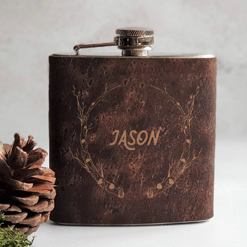 
                  
                    Birch Branch Flask in Cork, a groom hip flask by Hord.
                  
                