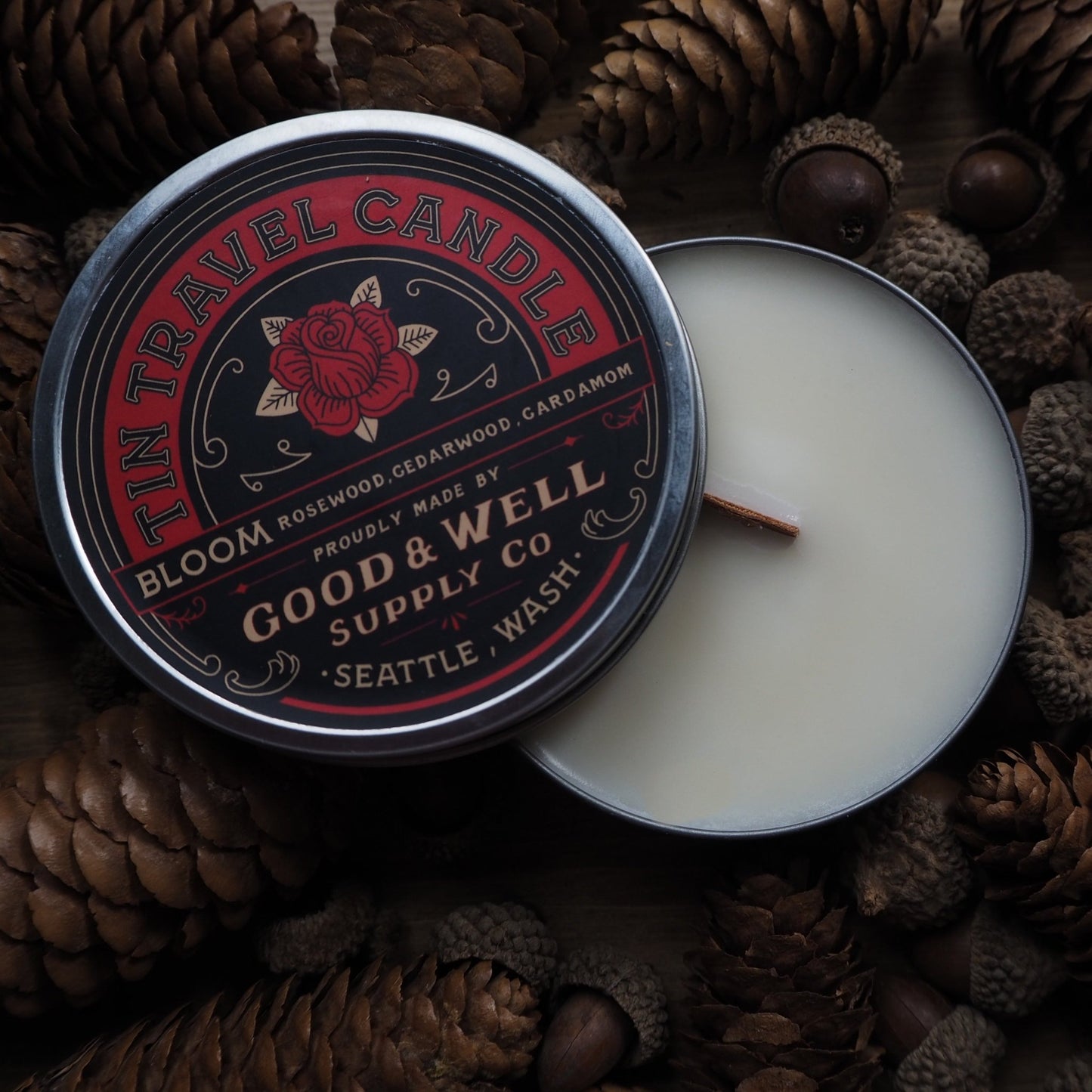 Bloom Rosewood, Cedarwood, Cardamon Tin Travel Candle by Good & Well Supply Co. Fulfilled by Hord.