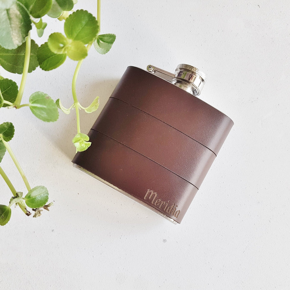 
                  
                    Custom Waxed Brown Leather Flask, a luxury leather hip flask from Hôrd.
                  
                