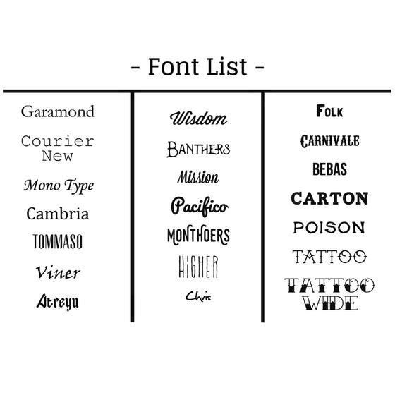 List of fonts available for personalisation of the spell book leather journal cover.
