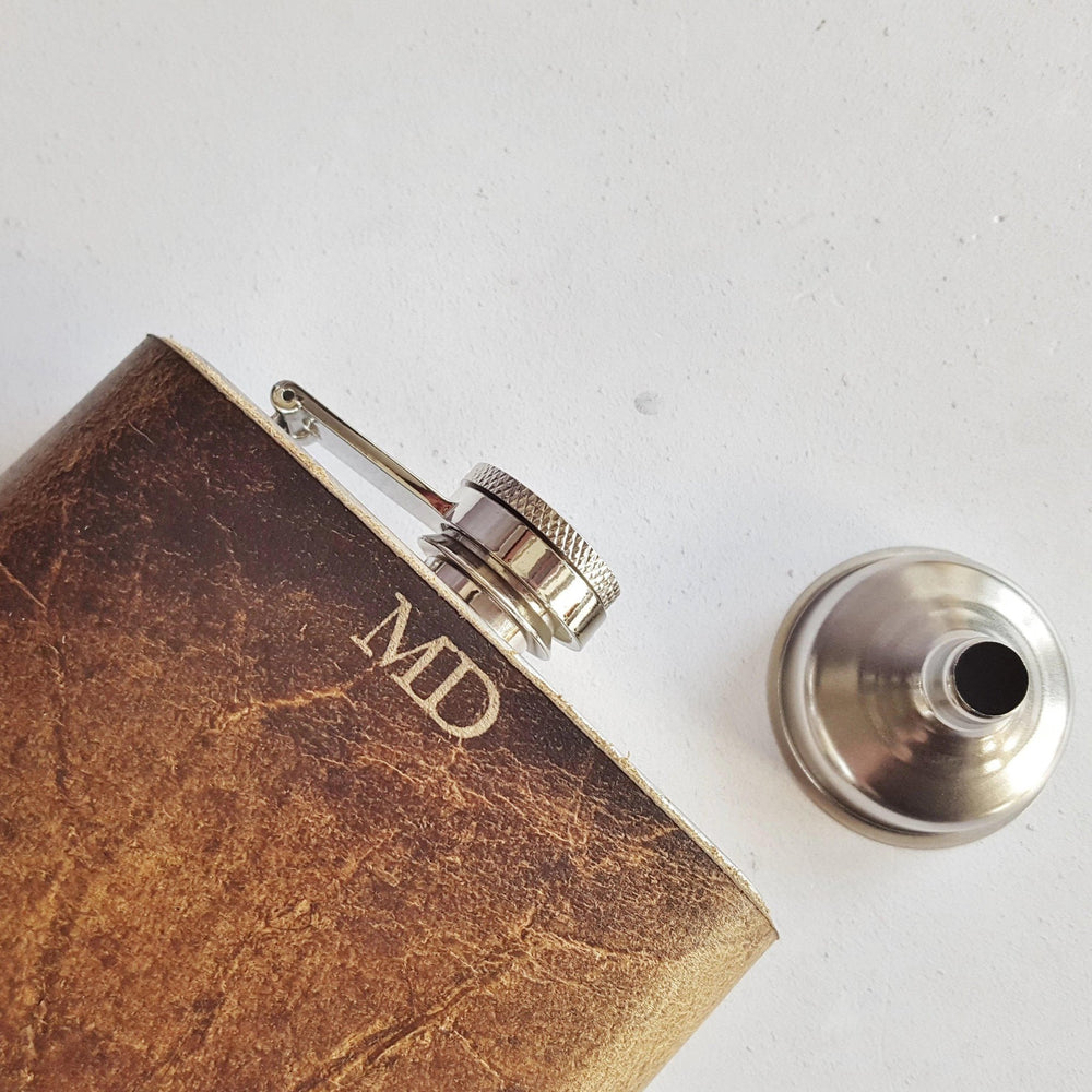 
                  
                    The Initialled Oak Leather Flask alongside a funnel for pouring your drinks
                  
                