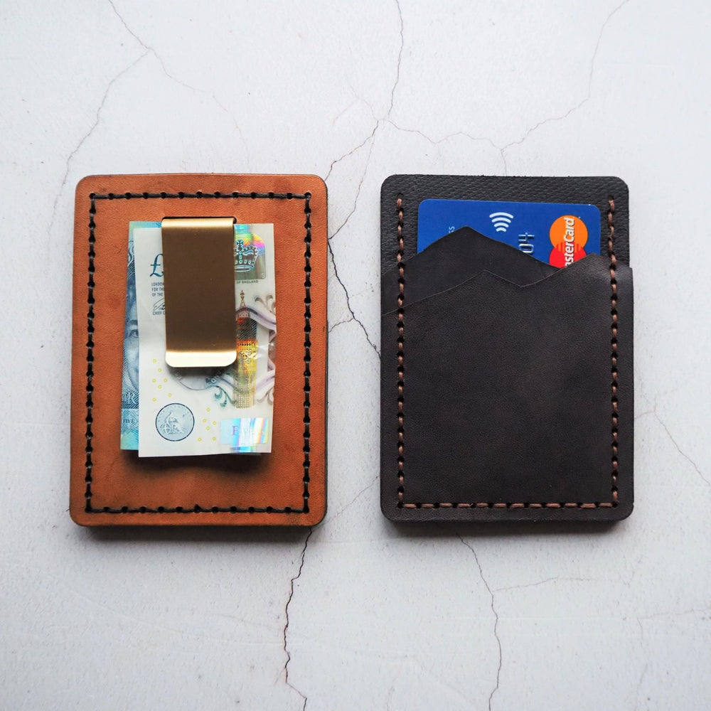 
                  
                    Front and back of the Mountain Card Holder with Money Clip, a personalised leather card holder.
                  
                