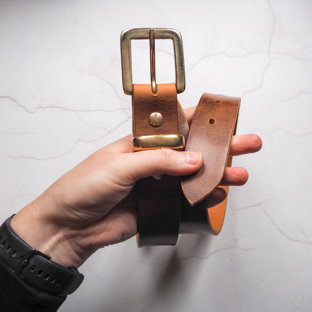 
                  
                    The Personalised Leather Belt comes with solid brass hardware.
                  
                