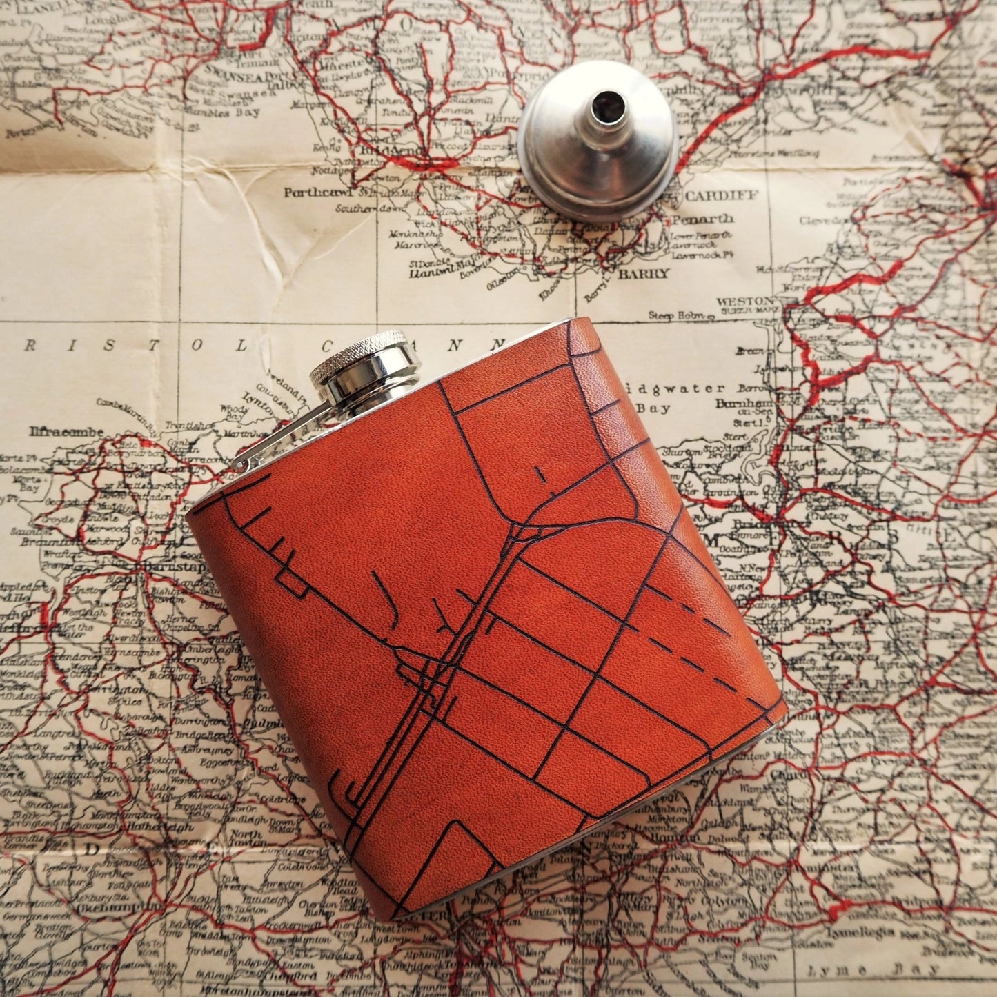 Personalised Road Map Flask, a luxury personalised leather hip flask from HÔRD