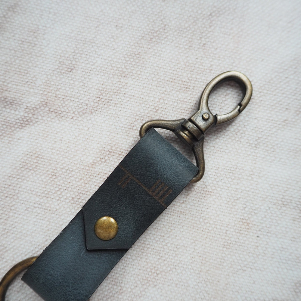 
                  
                    A luxury leather keyring featuring a custom Ogham text, The Celtic Tree Alphabet Key Fob from HÔRD.
                  
                