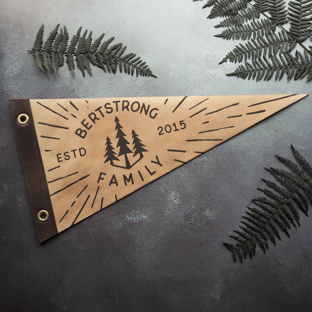 
                  
                    The Family Pennant, perfect for your hallway this pennant celebrates your family stronghold, a leather home decor by Hord.
                  
                