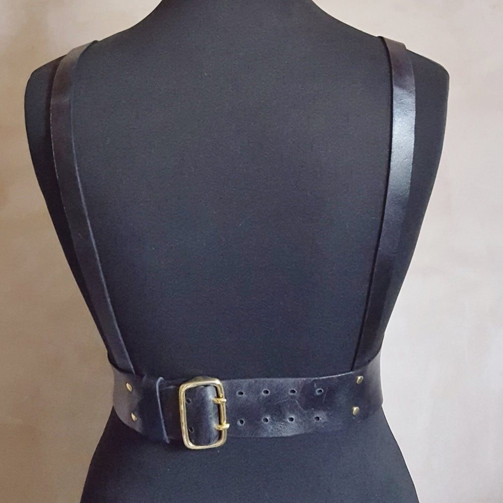 
                  
                    Posterior view of the leather chest harness by Hord.
                  
                
