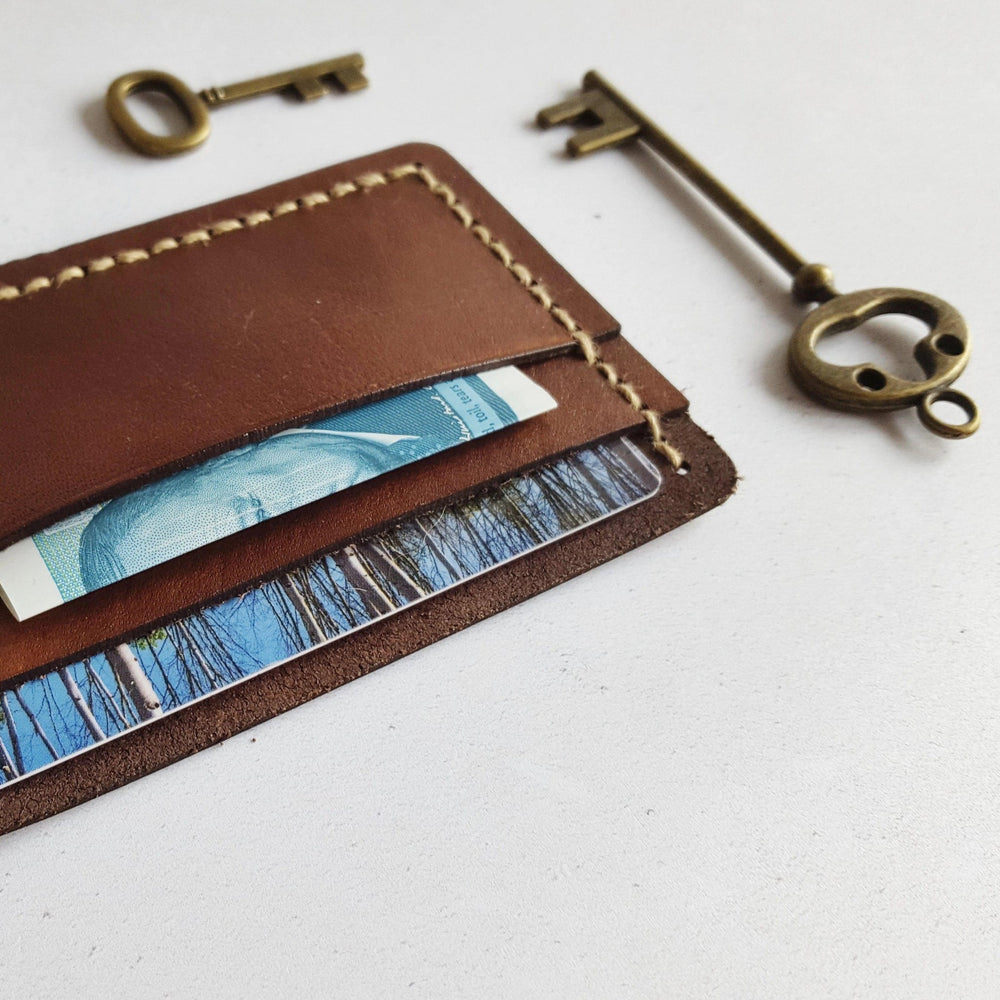 This handmade leather card holder is made in your choice of leather colour and stitch colour.