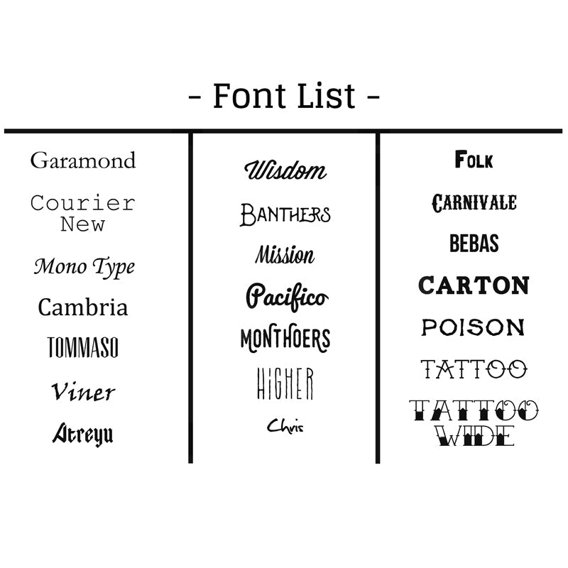 
                  
                    List of fonts available for personalisation of the spell book leather journal cover.
                  
                