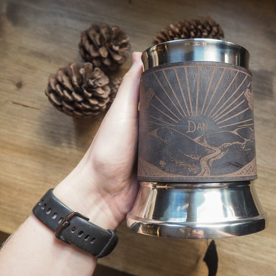 This engraved pint tankard has been personalised with a custom name in the center.