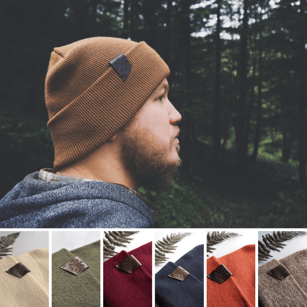 The HORD Vegvisir Beanie, a unisex beanie is available in a variety of colours with a leather tab engraved with the Icelandic Vegvisir stave. It is made from acrylic wool, so it's safe for allergy sufferers. 