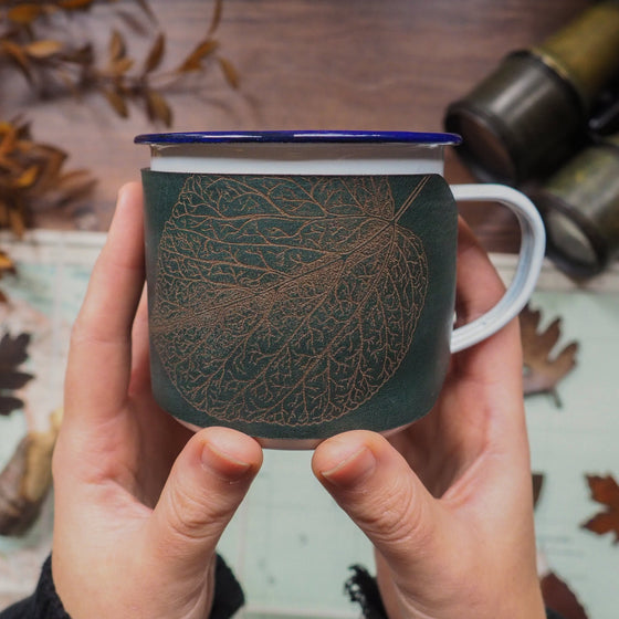 Camping enamel mug featuring the mulberry leaf design by HÔRD.