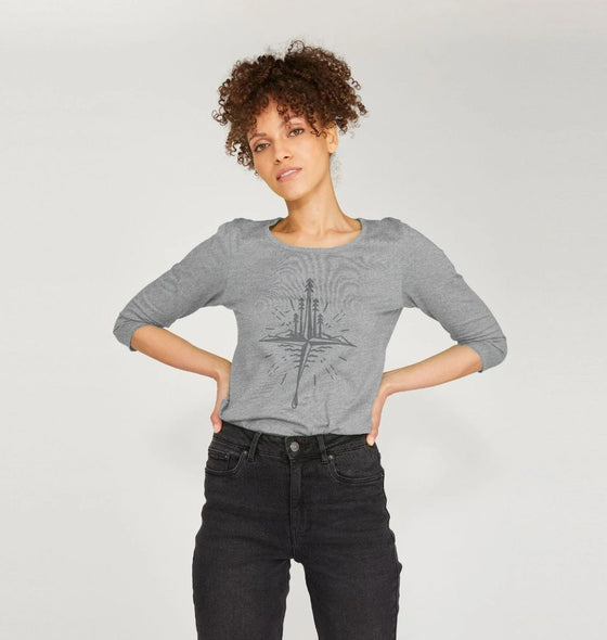 Compass - Womens 3\/4 sleeve top, an organic long sleeve top in athletic grey from Hord.