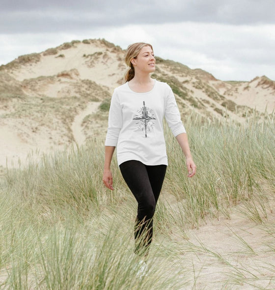 Compass - Womens 3\/4 sleeve top, an organic long sleeve top in white from Hord.